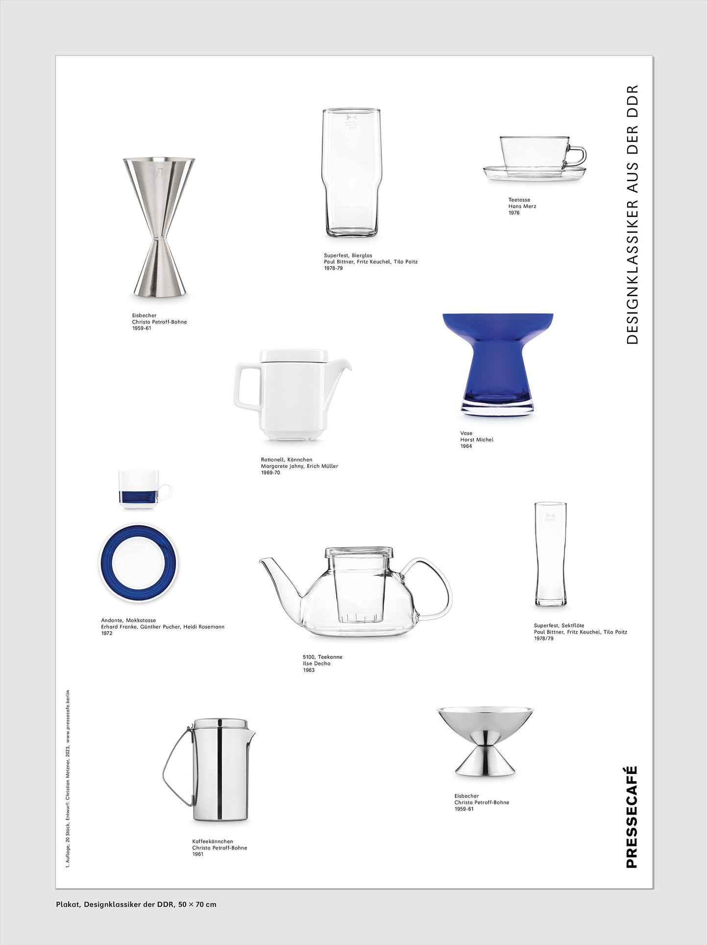 Plakat mit Designobjekten aus der DDR Superfest Gläser enaer Glas und Porzellan von Kahla